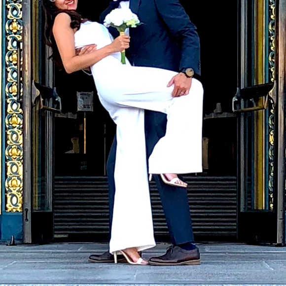 Crepe Wide-Leg Wedding Jumpsuit with Crystal Neckline - Picture 2 of 6